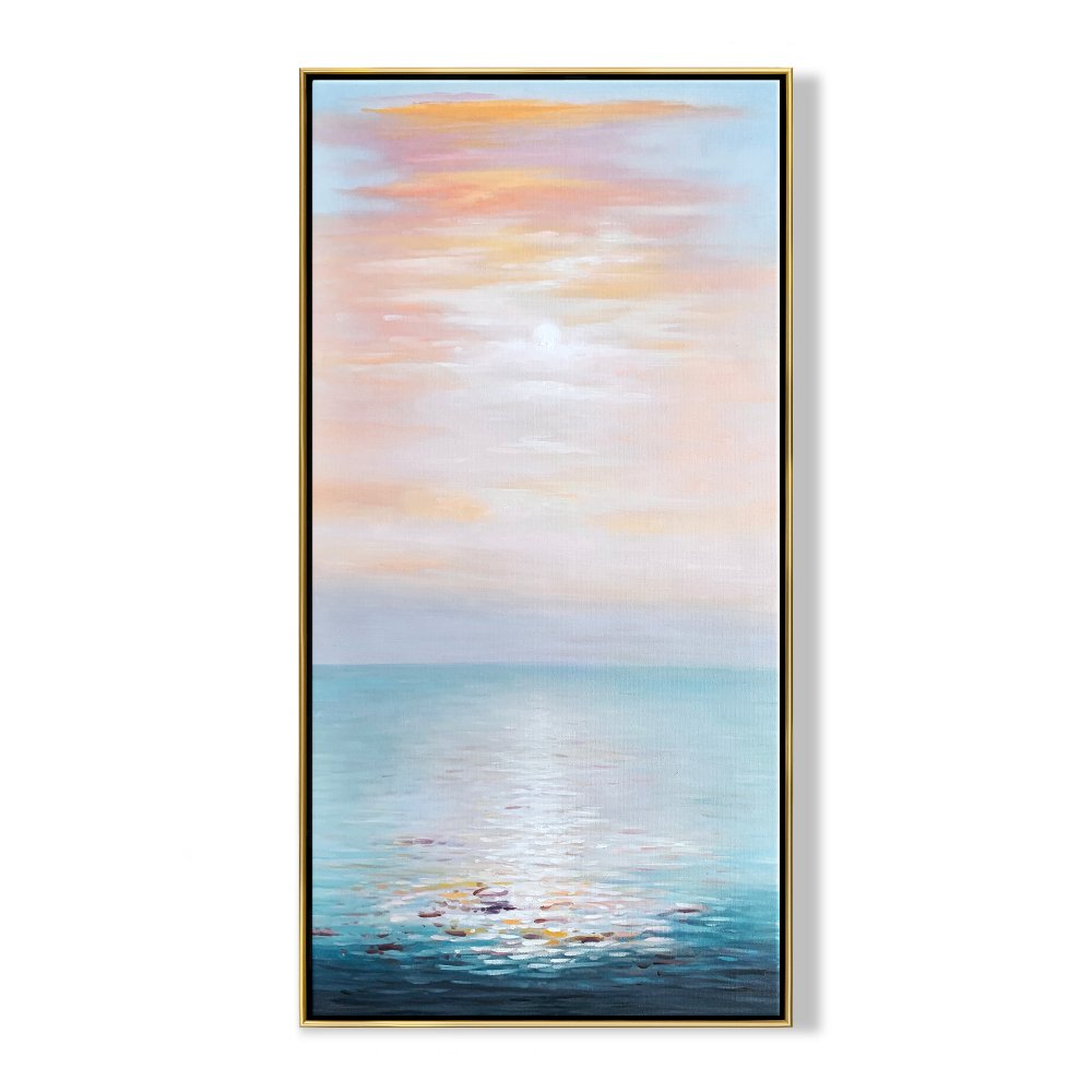 Tranquil Ocean Sunrise: Serene Seascape Oil Painting for Coastal Decor