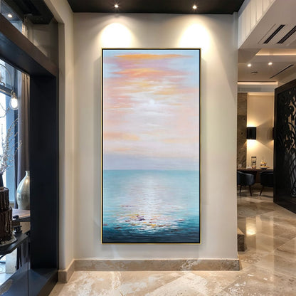 Tranquil Ocean Sunrise: Serene Seascape Oil Painting for Coastal Decor