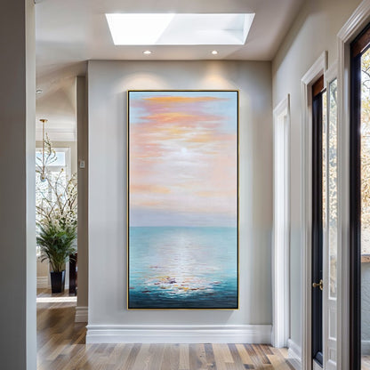Tranquil Ocean Sunrise: Serene Seascape Oil Painting for Coastal Decor