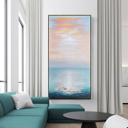Tranquil Ocean Sunrise: Serene Seascape Oil Painting for Coastal Decor