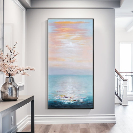 Tranquil Ocean Sunrise: Serene Seascape Oil Painting for Coastal Decor