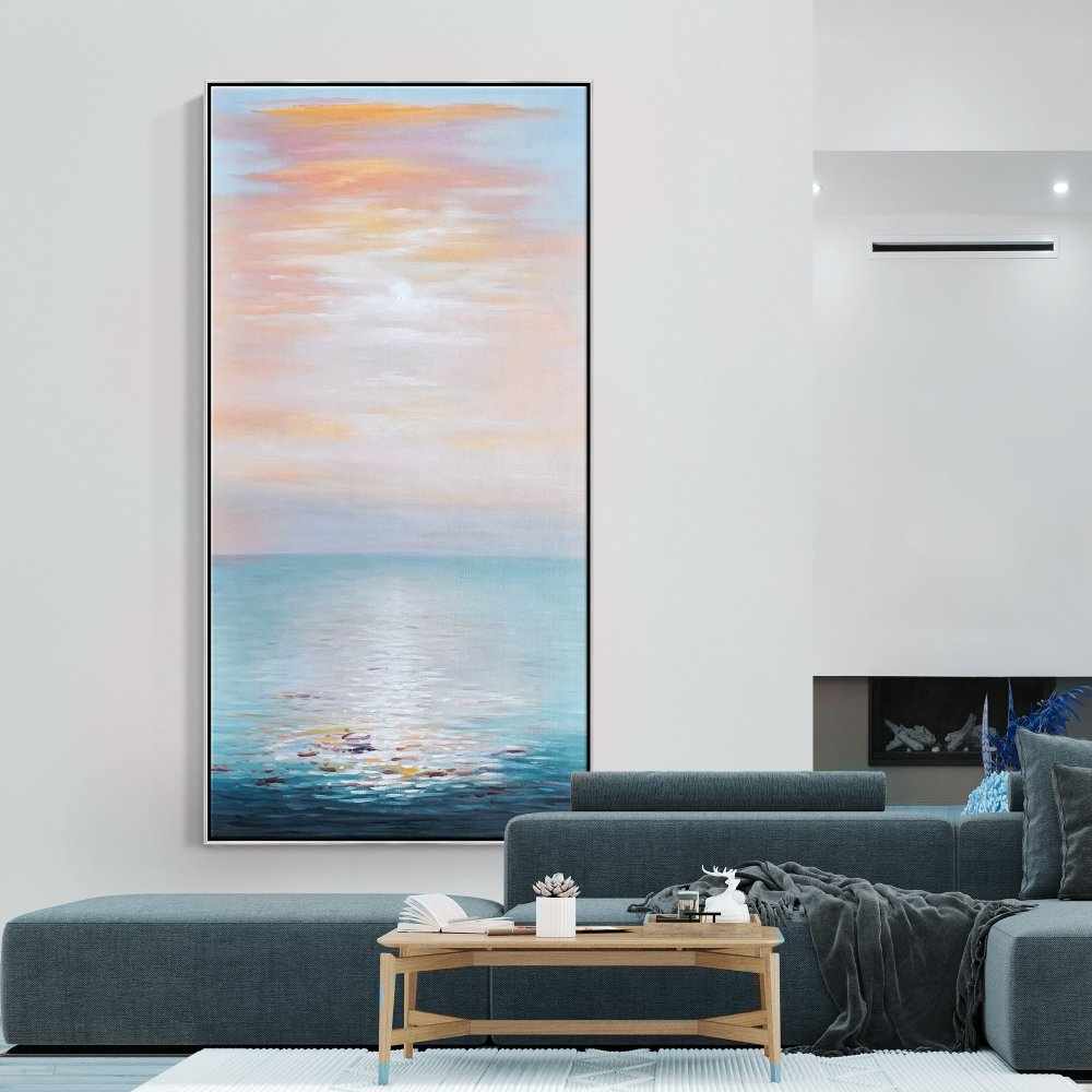 Tranquil Ocean Sunrise: Serene Seascape Oil Painting for Coastal Decor