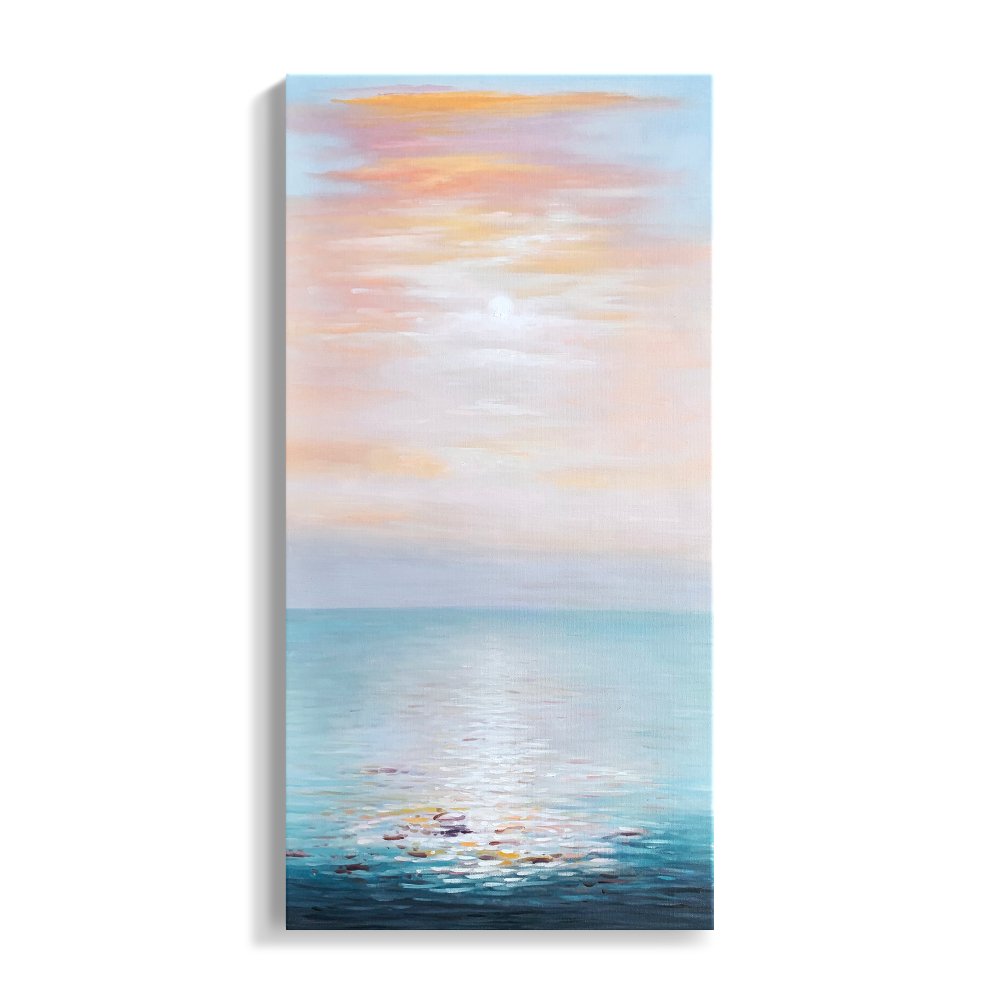 Tranquil Ocean Sunrise: Serene Seascape Oil Painting for Coastal Decor