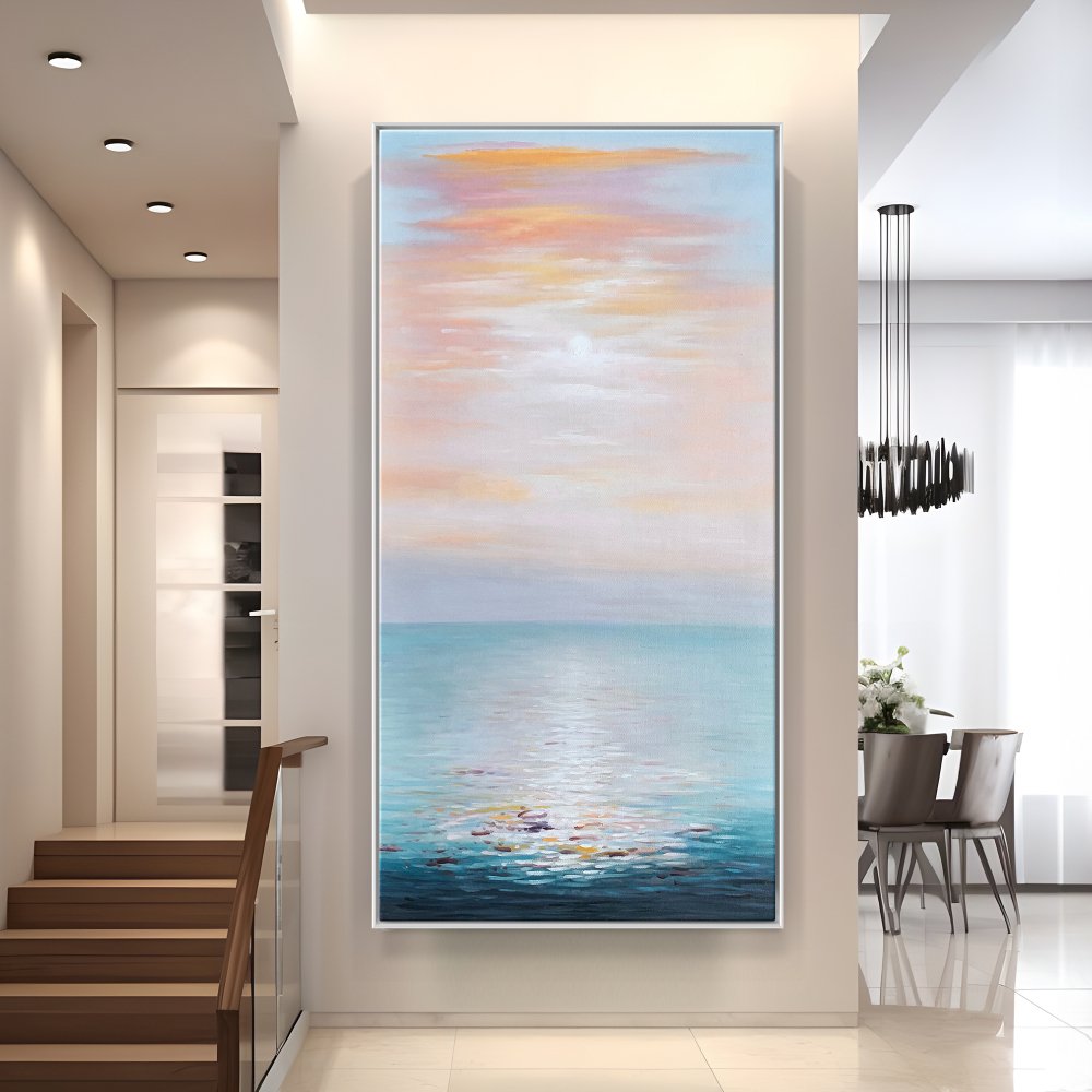 Tranquil Ocean Sunrise: Serene Seascape Oil Painting for Coastal Decor