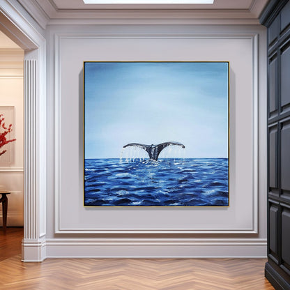 Whale Tail Splashing in Serene Blue Ocean - Captivating Oil Painting for Nautical Decor