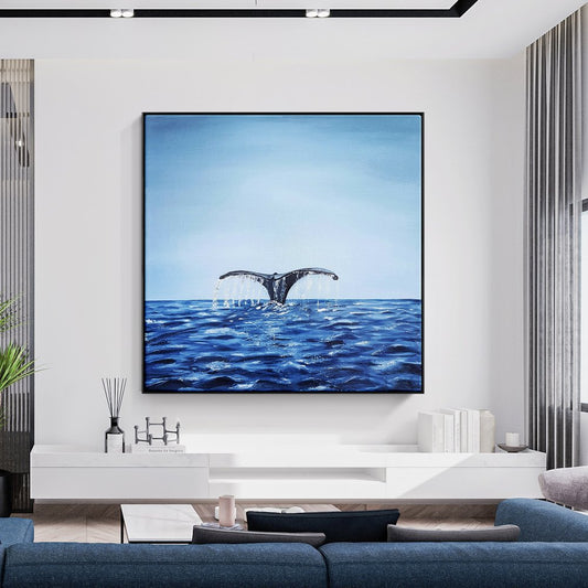 Whale Tail Splashing in Serene Blue Ocean - Captivating Oil Painting for Nautical Decor