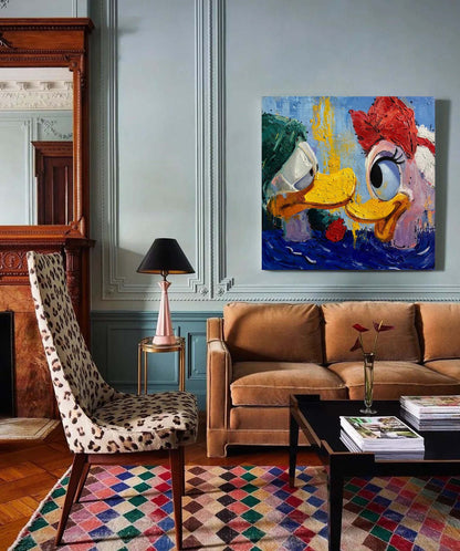 Whimsical Lovebirds: Vibrant Oil Painting of Ducks in Colorful Abstract Style