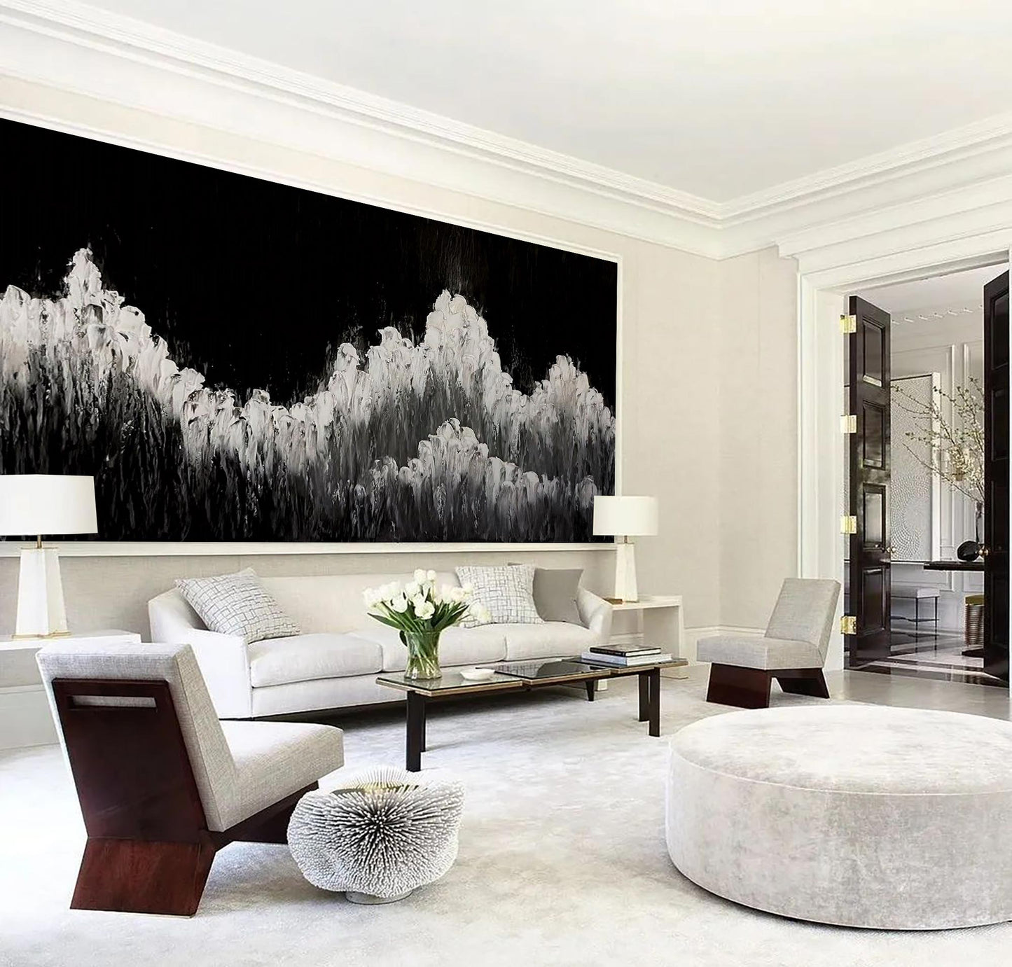 Monochrome Abstract Landscape Oil Painting for Modern Home Decor