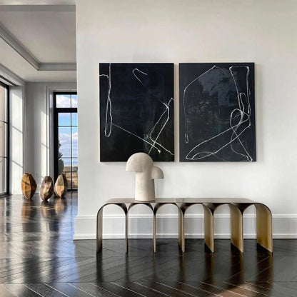 Elegant Black Abstract Oil Painting with Modern Minimalist Lines
