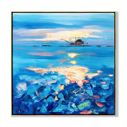 Serene Oilrig Sunrise Over Vibrant Blue Waters