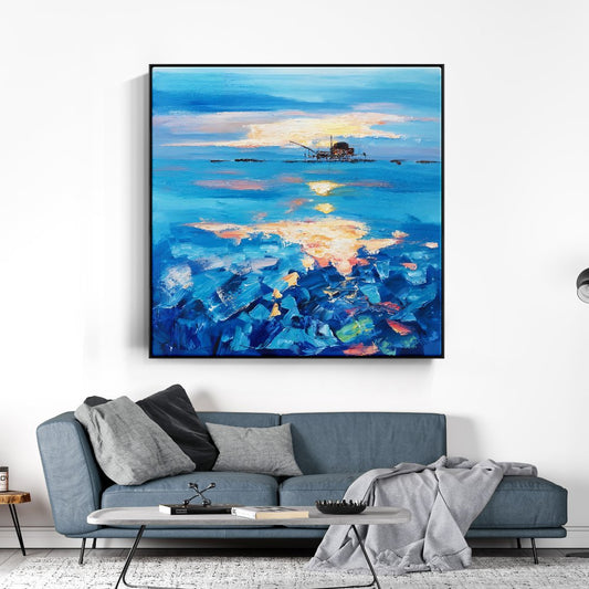 Serene Oilrig Sunrise Over Vibrant Blue Waters