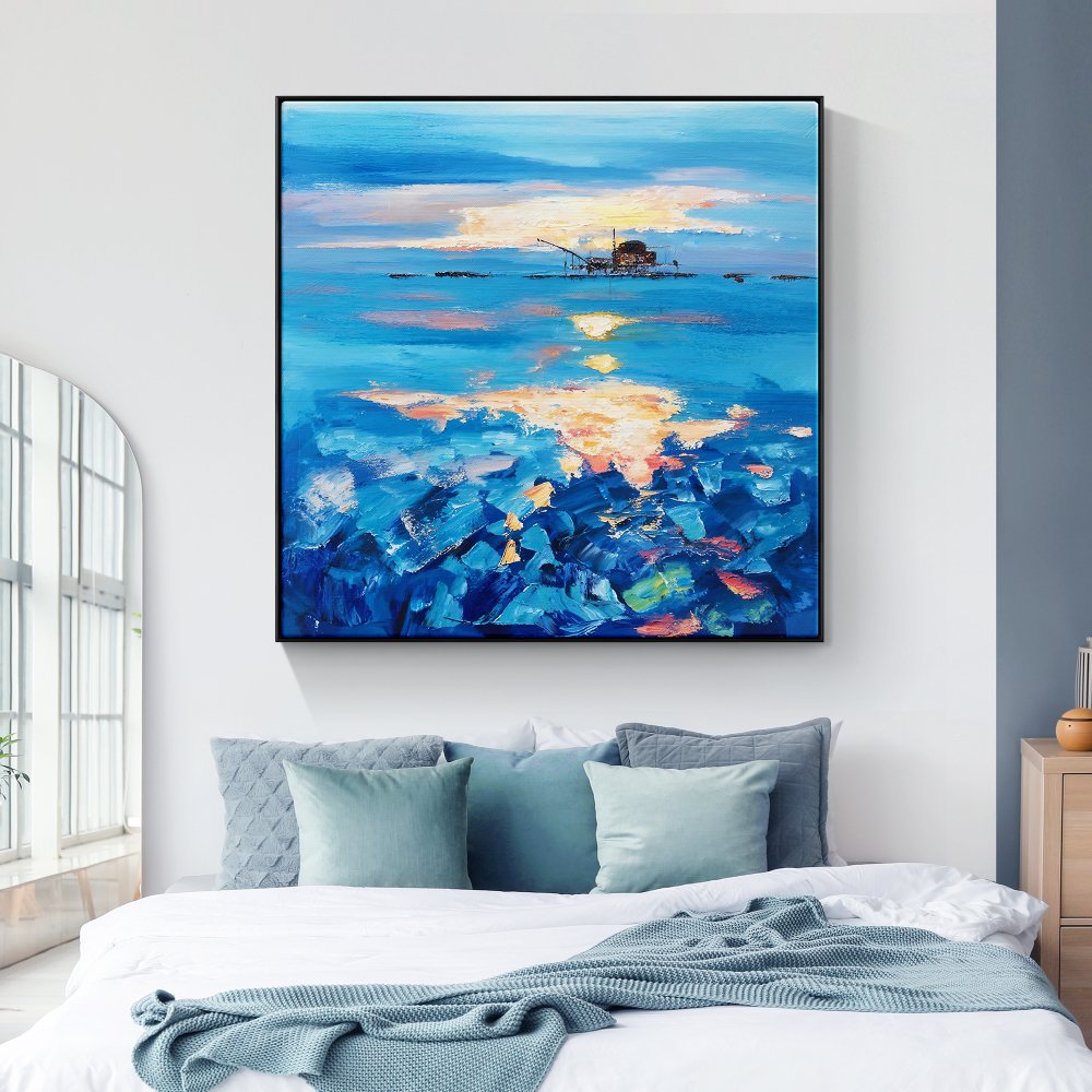 Serene Oilrig Sunrise Over Vibrant Blue Waters