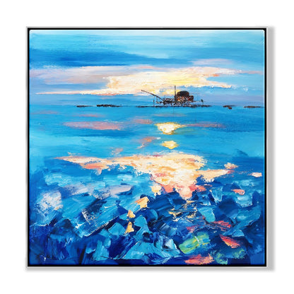 Serene Oilrig Sunrise Over Vibrant Blue Waters