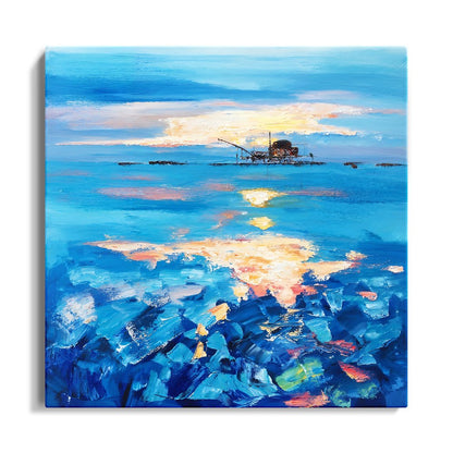 Serene Oilrig Sunrise Over Vibrant Blue Waters