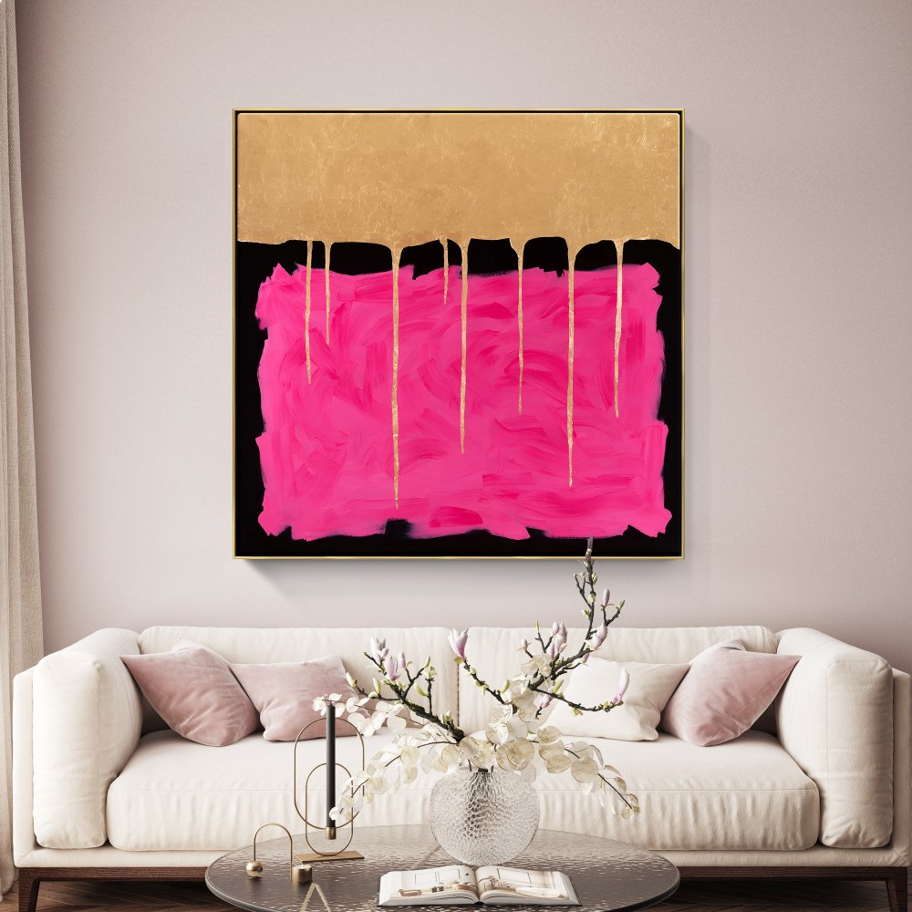 Vibrant Pink and Gold Abstract Oil Painting for Modern Home Decor