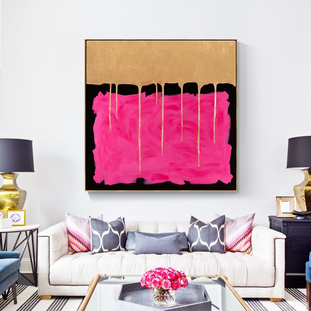 Vibrant Pink and Gold Abstract Oil Painting for Modern Home Decor