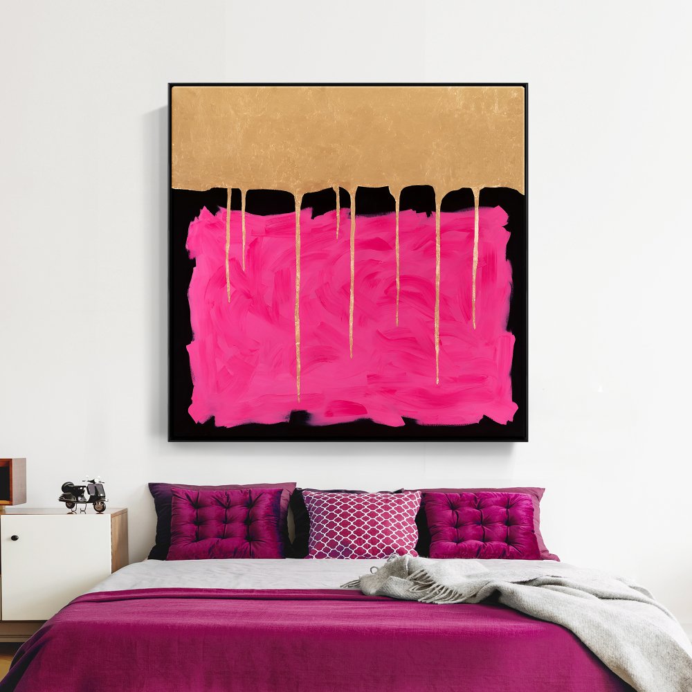 Vibrant Pink and Gold Abstract Oil Painting for Modern Home Decor