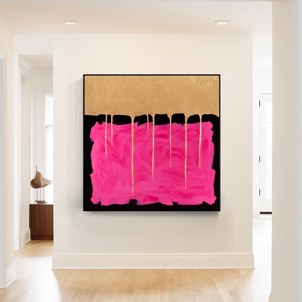 Vibrant Pink and Gold Abstract Oil Painting for Modern Home Decor