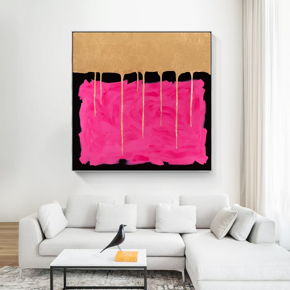 Vibrant Pink and Gold Abstract Oil Painting for Modern Home Decor