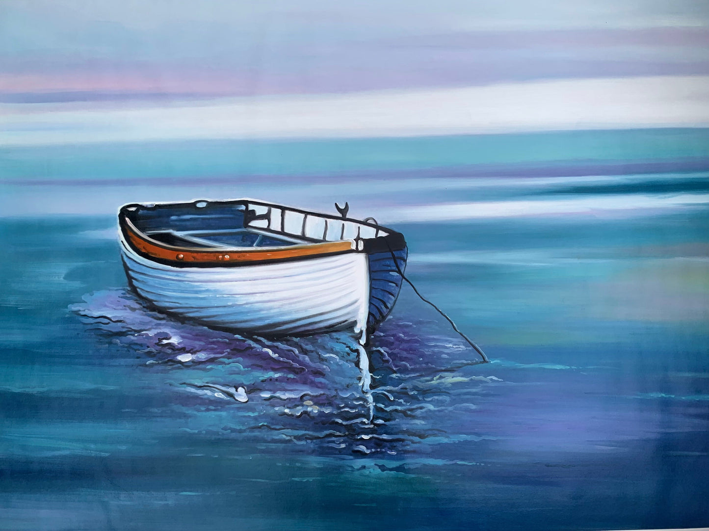 Tranquil Seascape with Rowboat – Colorful Coastal Oil Painting for Home Decor