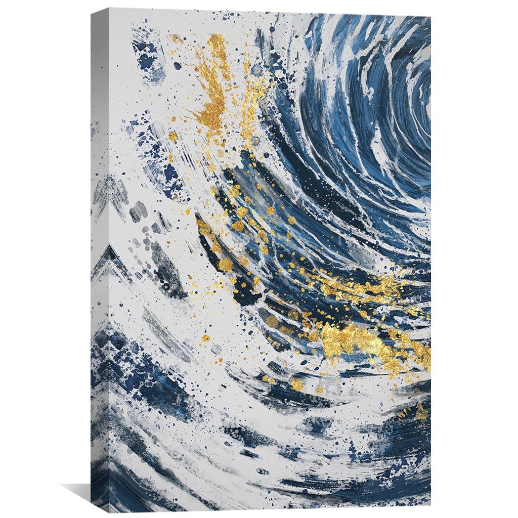 Dynamic Blue Wave Oil Painting with Gold Accents for Modern Decor
