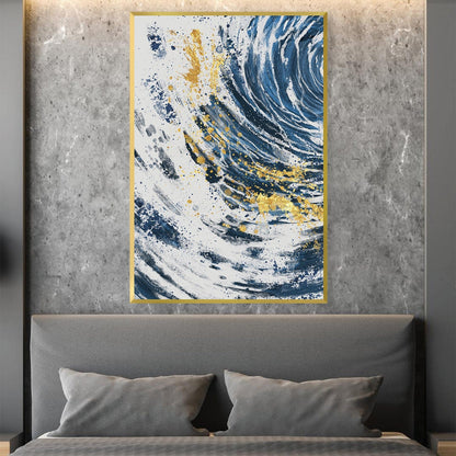 Dynamic Blue Wave Oil Painting with Gold Accents for Modern Decor