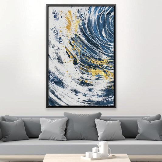 Dynamic Blue Wave Oil Painting with Gold Accents for Modern Decor