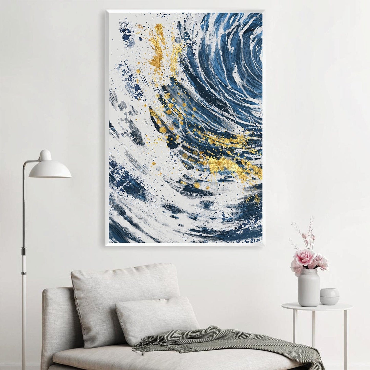 Dynamic Blue Wave Oil Painting with Gold Accents for Modern Decor