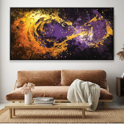 Vibrant Abstract Oil Painting in Purple and Gold for Modern Home Decor