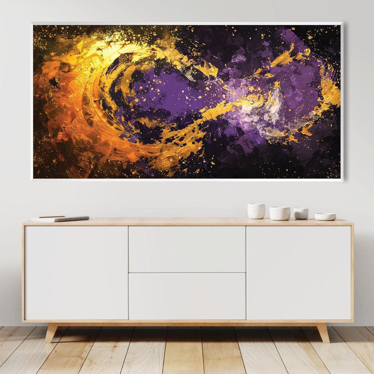 Vibrant Abstract Oil Painting in Purple and Gold for Modern Home Decor