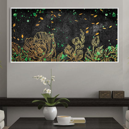 Elegant Floral Oil Painting with Green and Gold Accents on Black Canvas