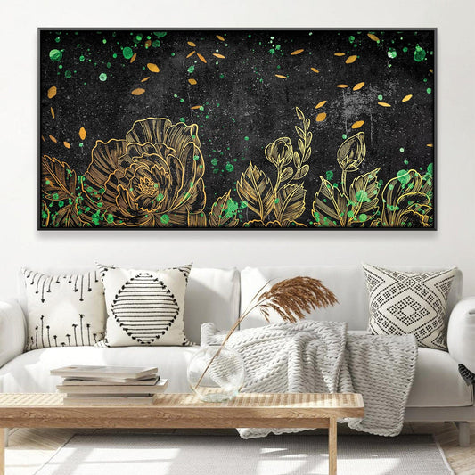 Elegant Floral Oil Painting with Green and Gold Accents on Black Canvas