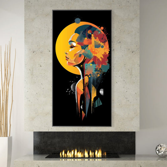 Colorful Abstract Portrait of a Woman Under Cosmic Yellow Sphere
