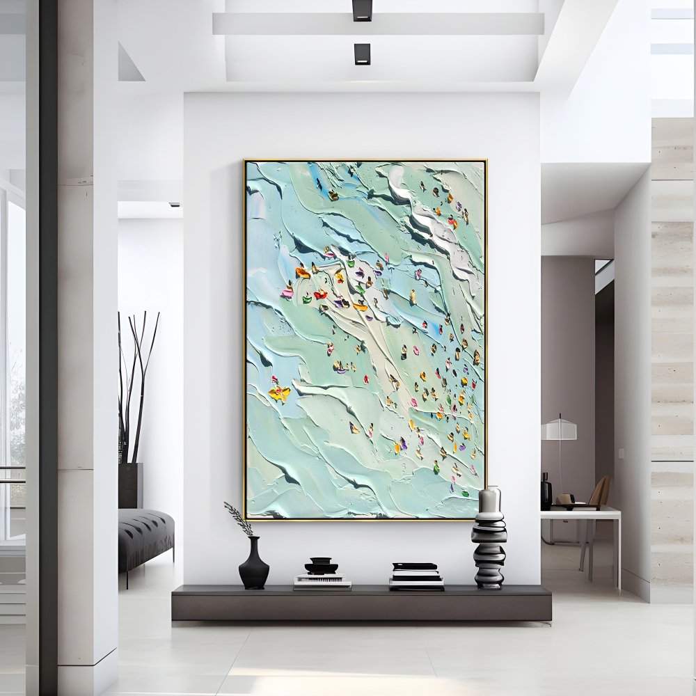 Joyful Day at the Beach: Vibrant Oil Painting of Summer Swimming Scene