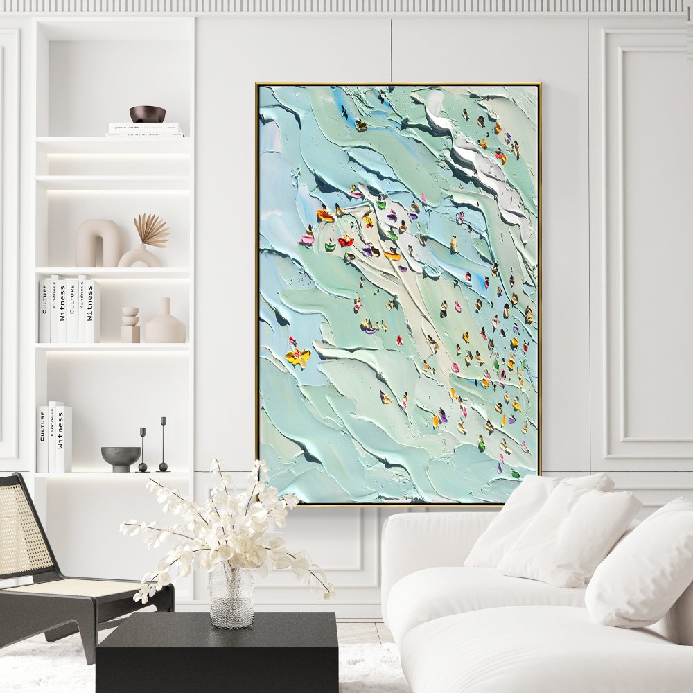 Joyful Day at the Beach: Vibrant Oil Painting of Summer Swimming Scene