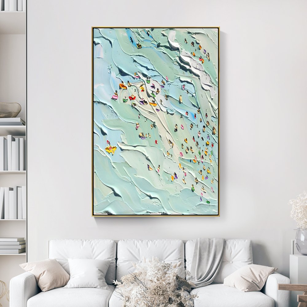 Joyful Day at the Beach: Vibrant Oil Painting of Summer Swimming Scene