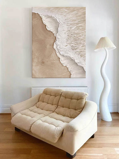 Contemporary Minimalist Beach Oil Painting with Ocean Waves and Soft Sand