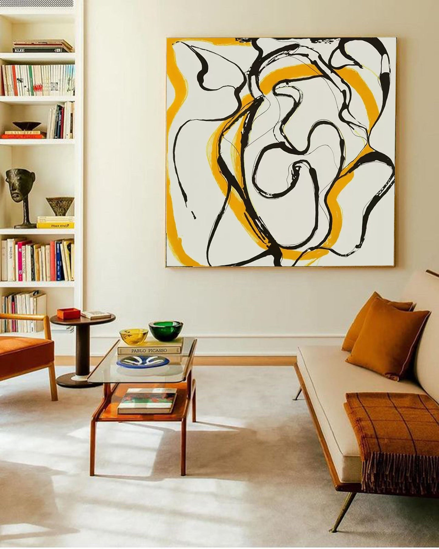 Abstract Minimalist Line Art in Black and Yellow for Modern Home Decor