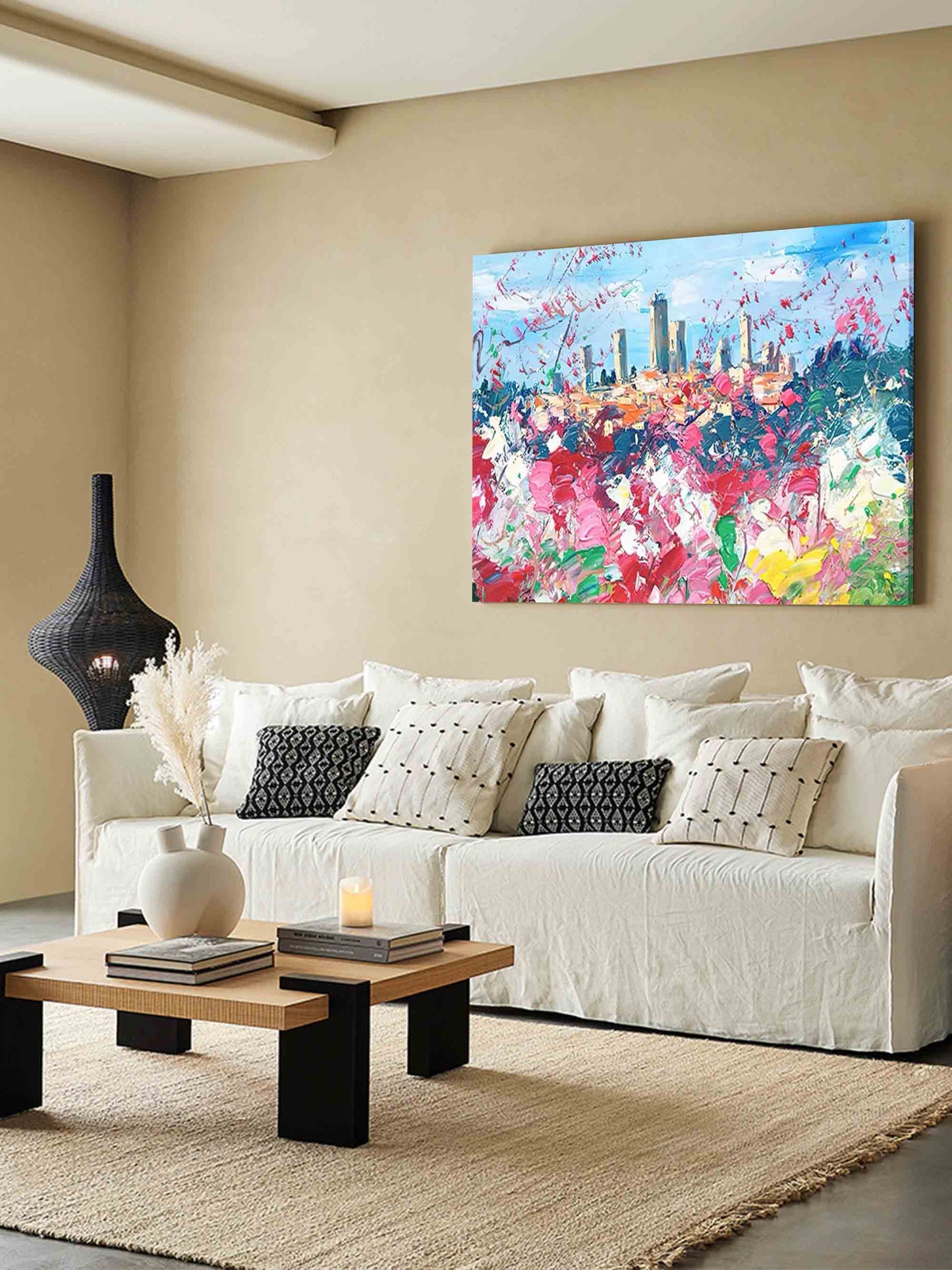 Vibrant Cityscape Oil Painting with Colorful Floral Foreground