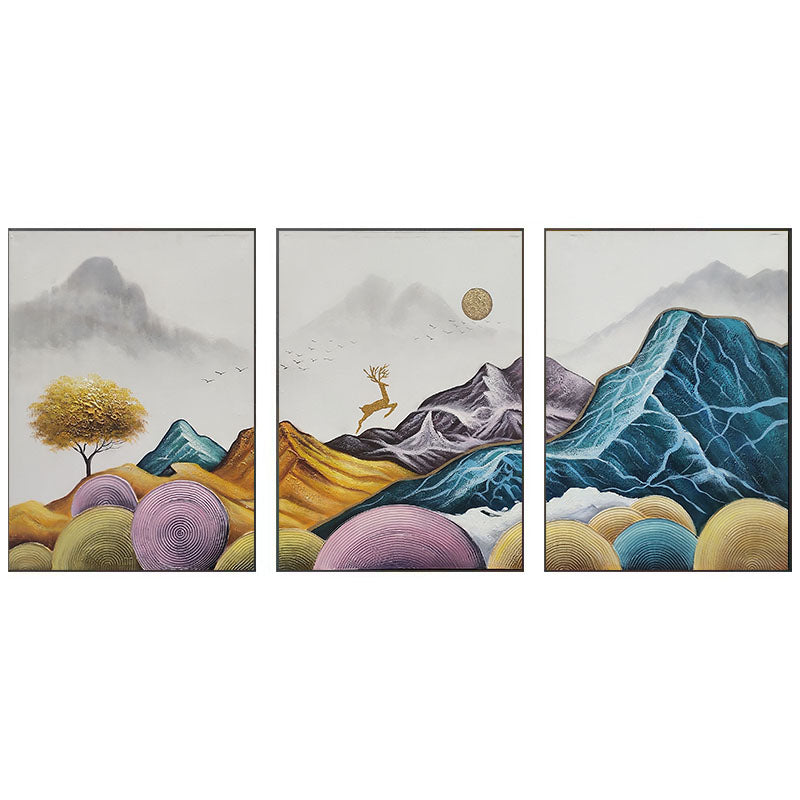 Three Frame Deer Mountain Abstract Fantasy Oil Painting 475GW