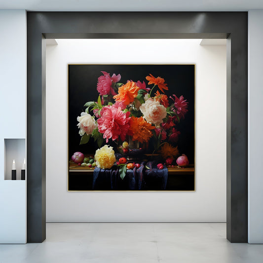 Vibrant Floral Still Life: A Lush Oil Painting of Colorful Blooms in a Classic Vase