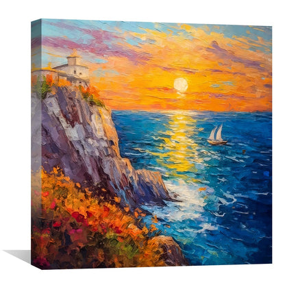 Coastal Sunset Oil Painting with Sailboat and Vibrant Ocean View