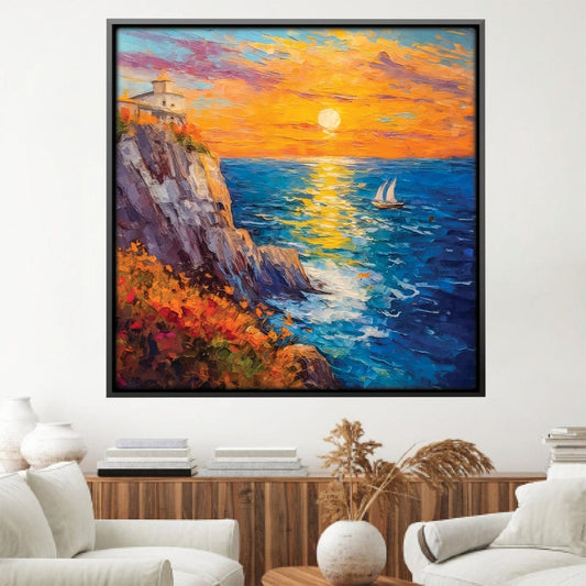 Coastal Sunset Oil Painting with Sailboat and Vibrant Ocean View