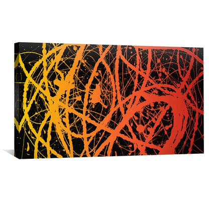 Vibrant Abstract Oil Painting with Dynamic Yellow and Orange Strokes on Black Canvas