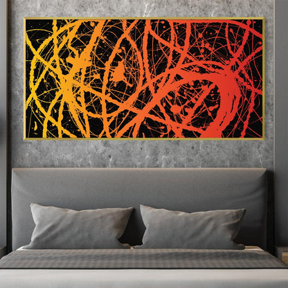 Vibrant Abstract Oil Painting with Dynamic Yellow and Orange Strokes on Black Canvas