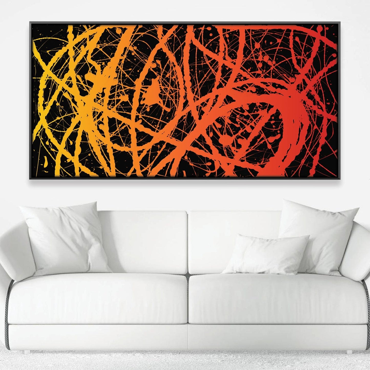 Vibrant Abstract Oil Painting with Dynamic Yellow and Orange Strokes on Black Canvas