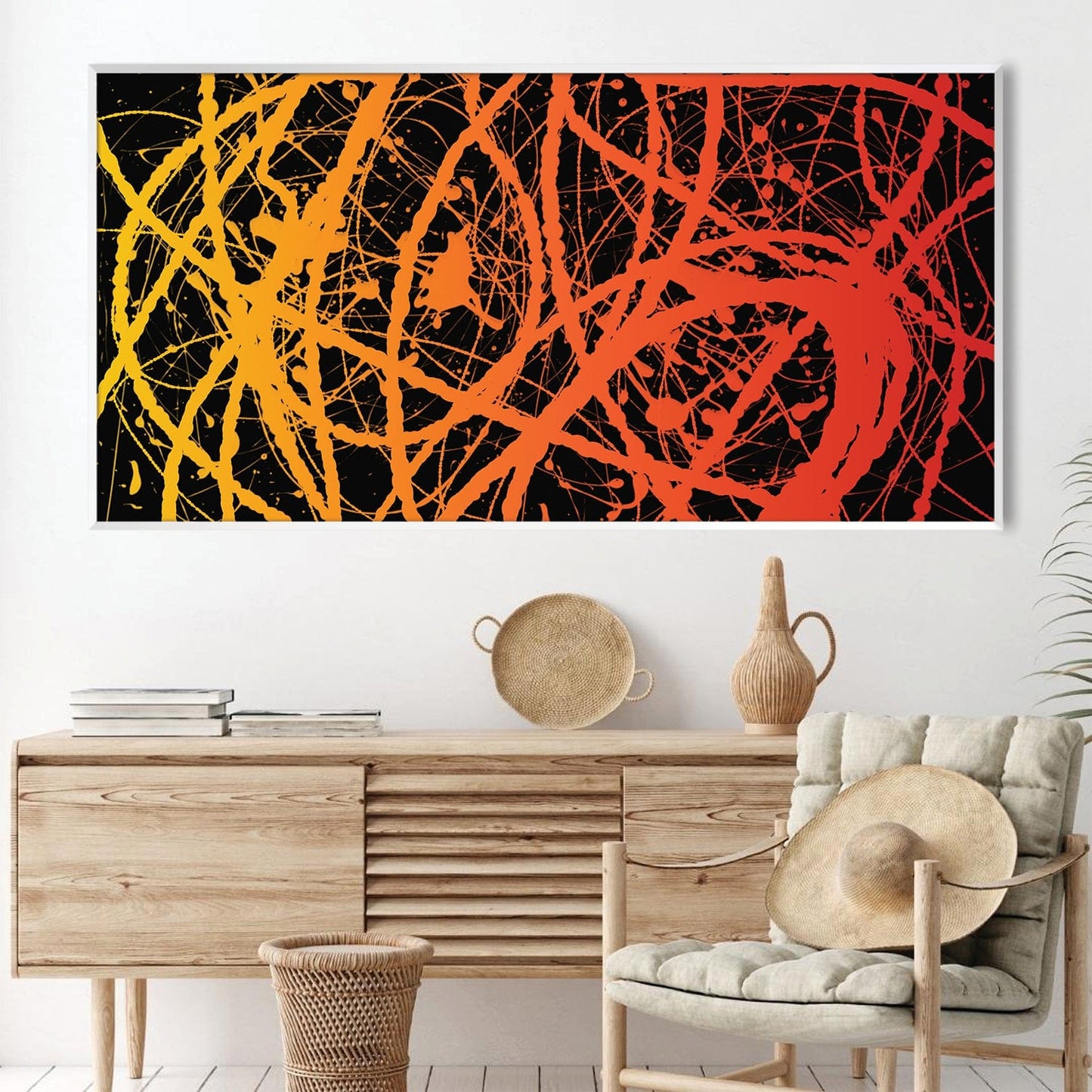 Vibrant Abstract Oil Painting with Dynamic Yellow and Orange Strokes on Black Canvas