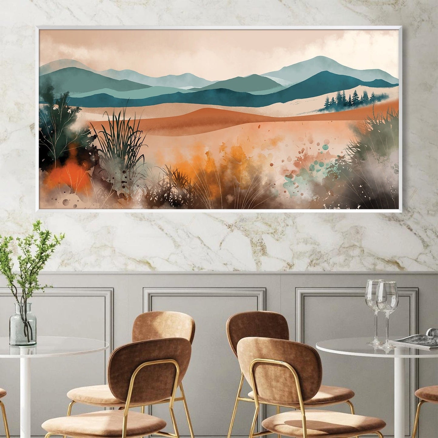 Serene Landscape Oil Painting in Earthy Tones and Gentle Hills for Modern Decor