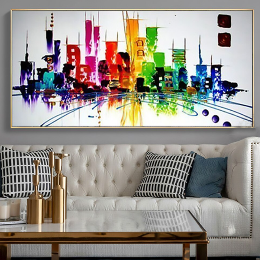 Vibrant Cityscape Abstract Oil Painting for Modern Home Decor