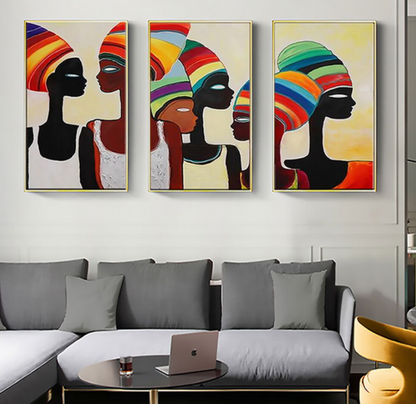 Vibrant African Heritage: Colorful Faces of Graceful Women in Modern Oil Painting